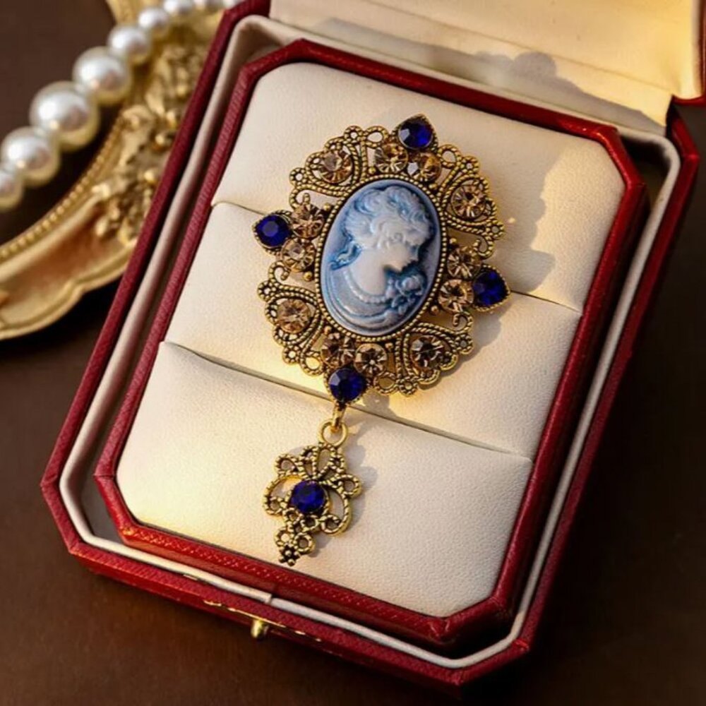 NEW Victorian Blue Cameo Jeweled Gold Brooch Pin